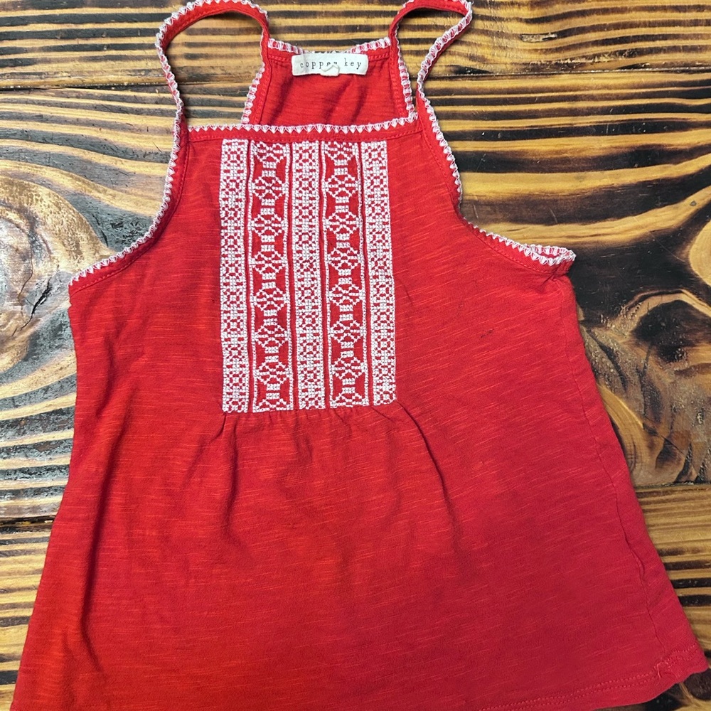 Copper Key Red Tank Top with White Embroidery